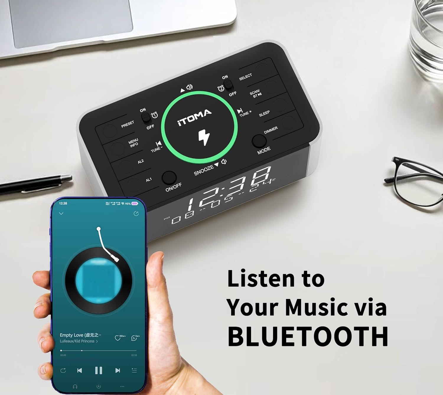 Rádio Despertador iTOMA com Carregamento Sem Fios, Bluetooth e Rádio DAB/FM