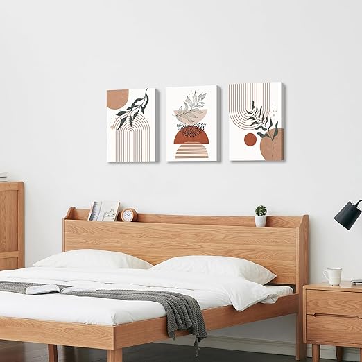 Conjunto 3 Quadros Geométricos em Tela – Boho Minimalista Preto, Bege e Terracota 30x40 cm