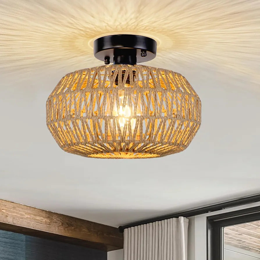 KMaiPem Candeeiro de teto quarto de rato Boho, 1 luz moderna candeeiro de teto com ecrã tecido à mão, candeeiro de teto de quinta rústico para sala de estar, cozinha, entrada, corredor, hall de