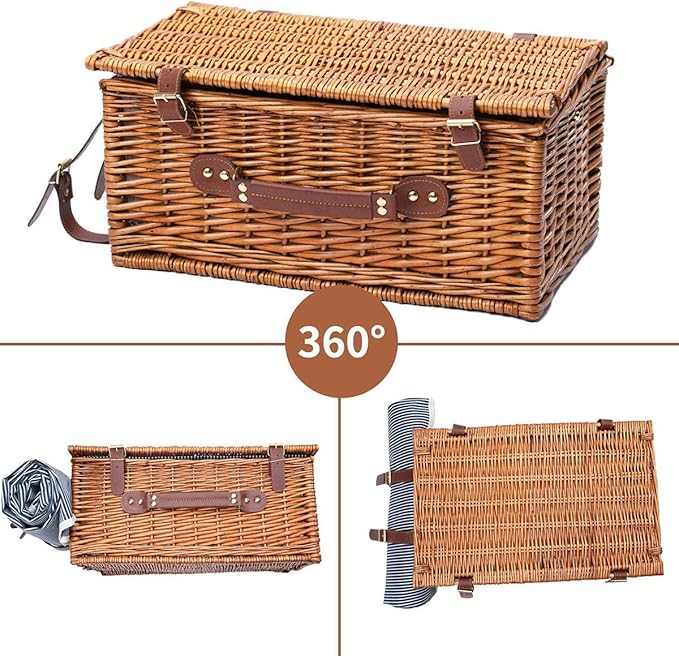 Cesto de Piquenique em Vime para 4 Pessoas NUKied com Louça, Bolsa Térmica e Manta 🧺