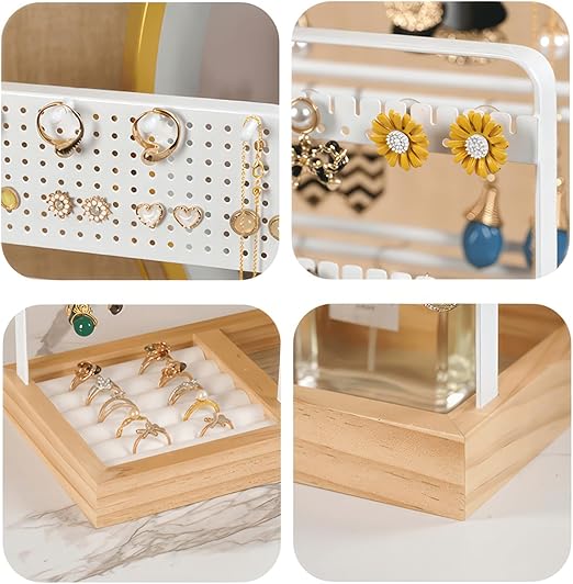 Jasfyee Expositor de Joias – Suporte Branco com Base em Madeira, 5 Zonas Independentes para Colares, Pulseiras, Anéis, Brincos e Acessórios