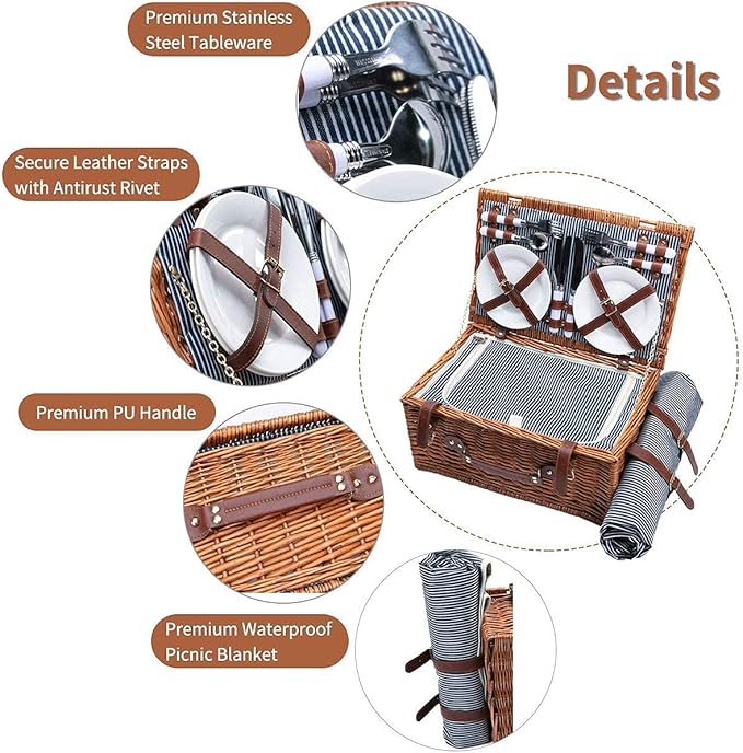 Cesto de Piquenique em Vime para 4 Pessoas NUKied com Louça, Bolsa Térmica e Manta 🧺