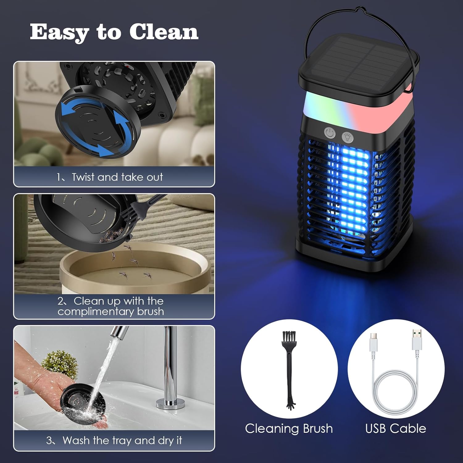 Mata-Mosquitos Solar 4200V com LED e USB-C - Bateria 4000mAh