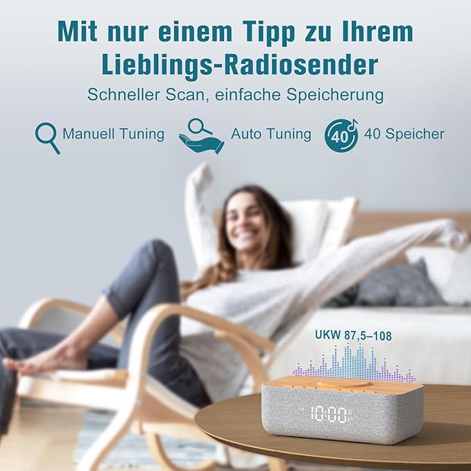 Rádio Despertador Digital REACHER com Carregamento Sem Fios 15W e Bluetooth