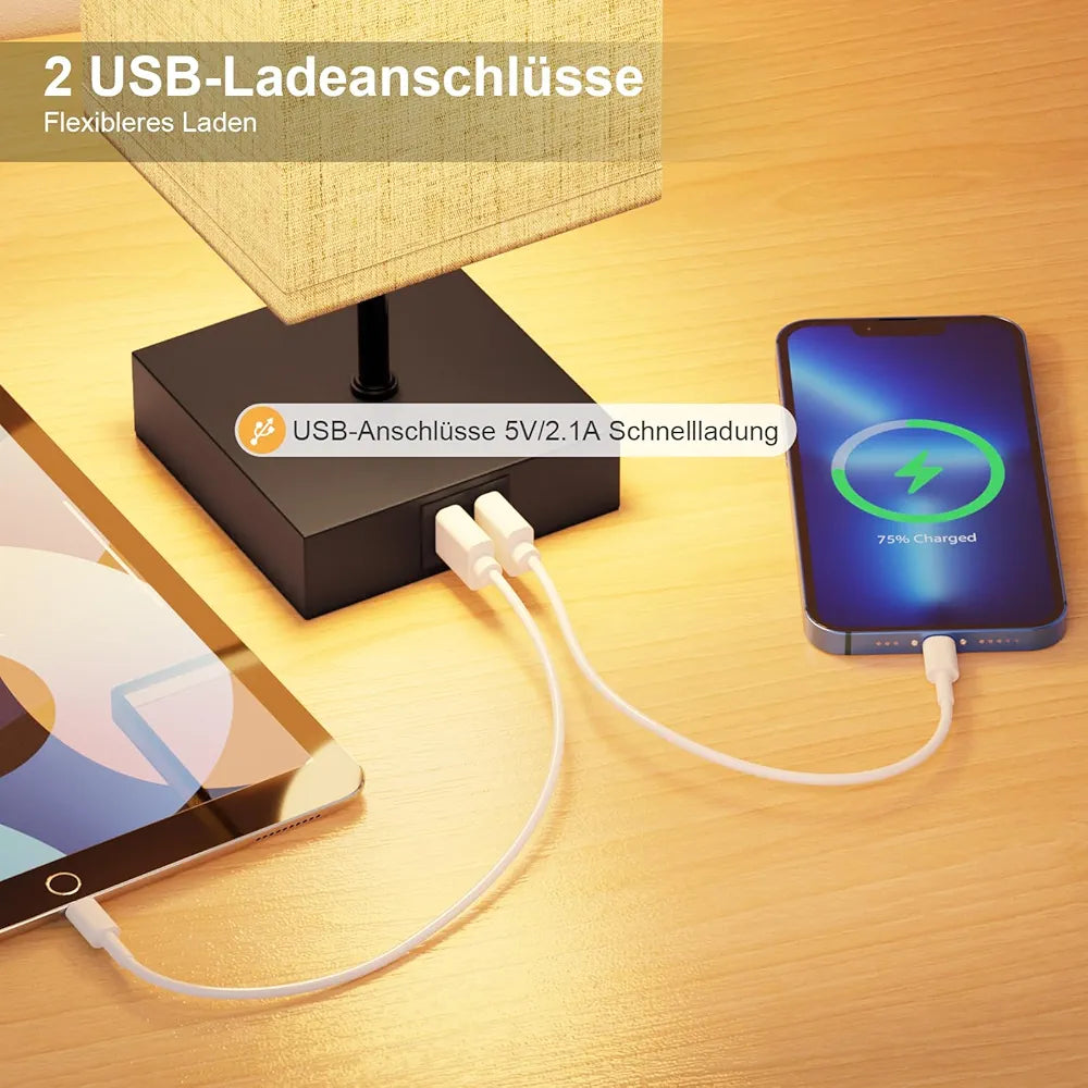 FANSANMY Candeeiros de mesa de cabeceira, candeeiros de mesa com 2 portas USB de carregamento rápido, 3 temperaturas de cor e regulação contínua, 2 lâmpadas E27 de 6 W para quarto, sala, escritório