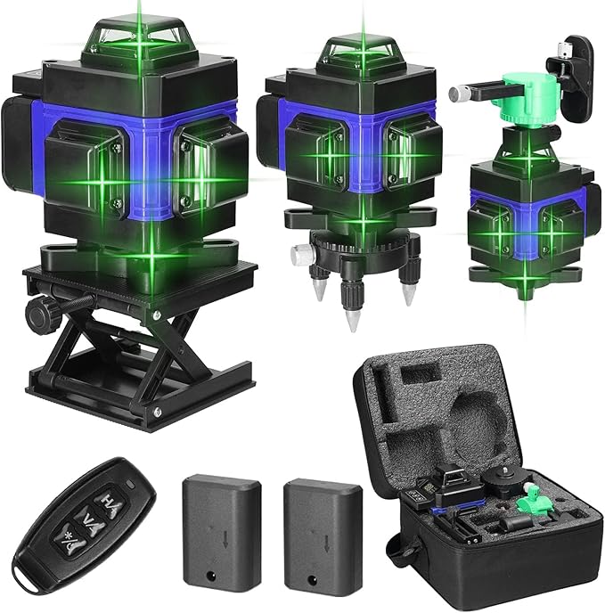 Nível Laser 4D 16 Linhas Verde – Auto Nivelante ±3°, 2 Baterias Recarregáveis