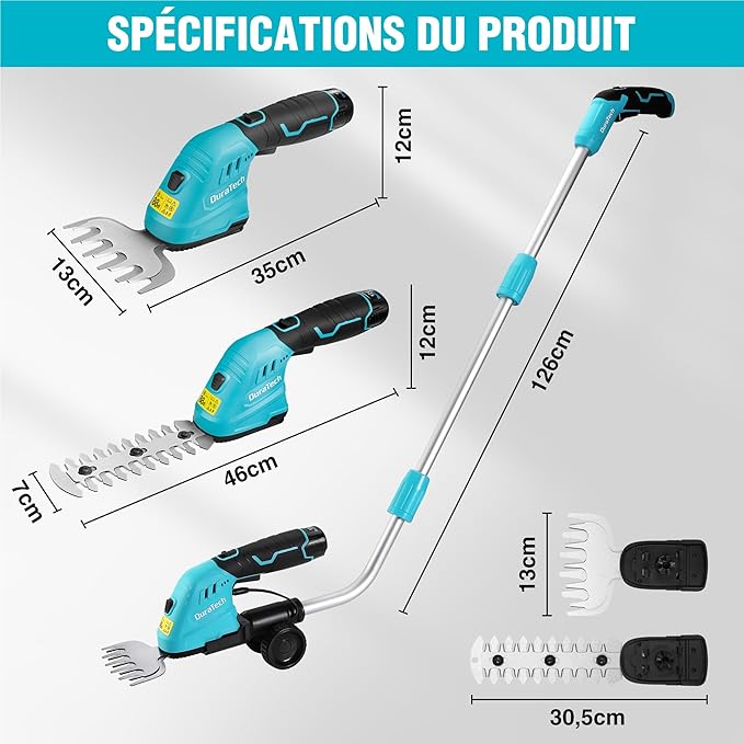 DURATECH Corta-Sebes e Aparador de Relva Telescópico 2 em 1 – 12V, Bateria 2000mAh, Azul & Preto