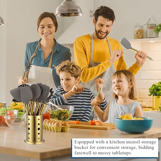 Conjunto de Utensílios de Cozinha Dourados Kyraton – 38 Peças em Silicone Antiaderente com Suporte em Aço Inoxidável