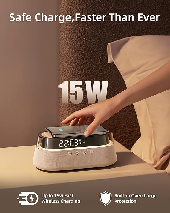Rádio Despertador EZVALO 4 em 1 com Carregador Sem Fios 15W – Bluetooth, Luz Noturna RGB e Rádio FM