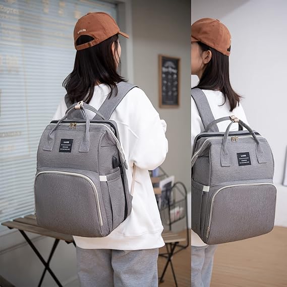Mochila para fraldas com berço integrado - com trocador, bolsa térmica, mosquiteiro e porta USB para carregamento (cinza)