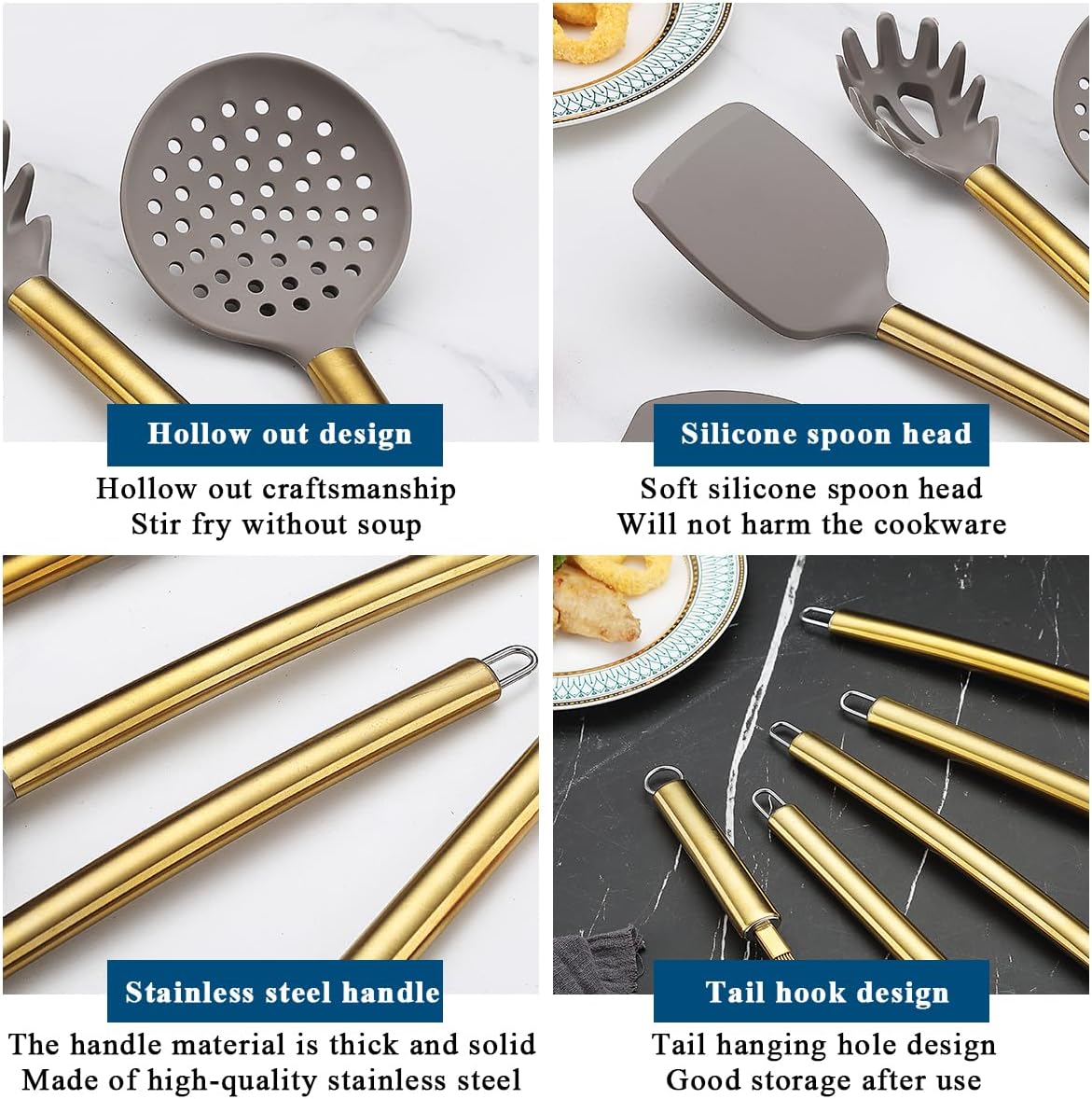 Conjunto de Utensílios de Cozinha Dourados Kyraton – 38 Peças em Silicone Antiaderente com Suporte em Aço Inoxidável