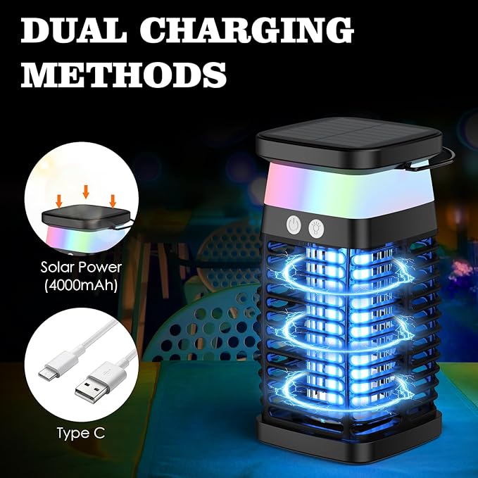Mata-Mosquitos Solar 4200V com LED e USB-C - Bateria 4000mAh