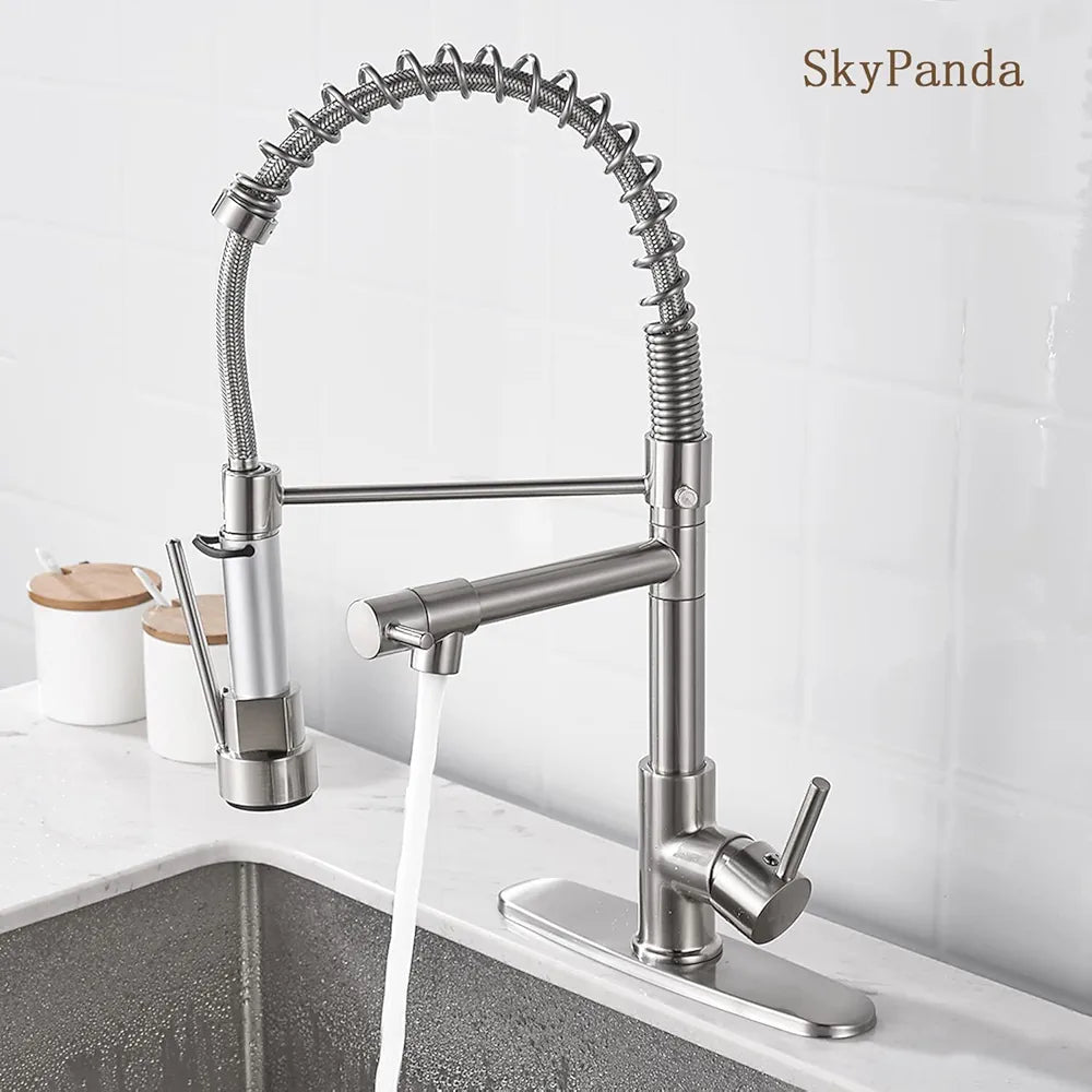 SkyPanda Torneira de cozinha, mola de latão escovado com cabeça de pulverização Pull Down, com 2 saídas , cabeça de pulverização de alta pressão, escova de níquel