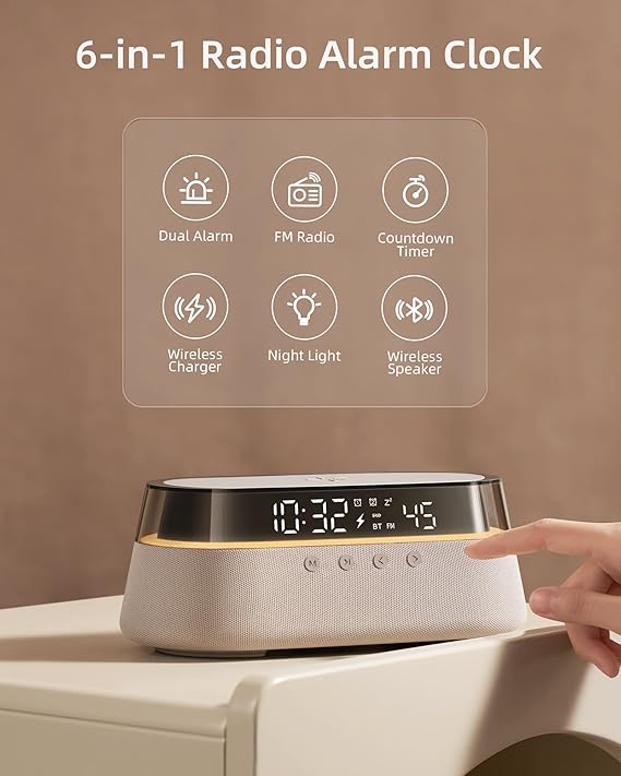 Rádio Despertador EZVALO 4 em 1 com Carregador Sem Fios 15W – Bluetooth, Luz Noturna RGB e Rádio FM