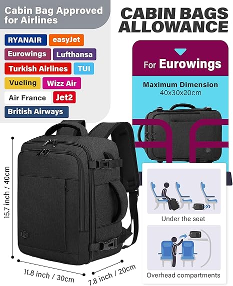 Mochila de Cabine VANKEV para Ryanair e EasyJet – 40 x 20 x 25 cm