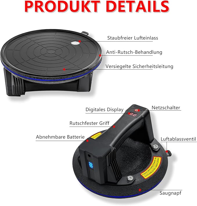 Copo de Sucção Automático com Ecrã Digital, Capacidade até 180 kg e 2 baterias