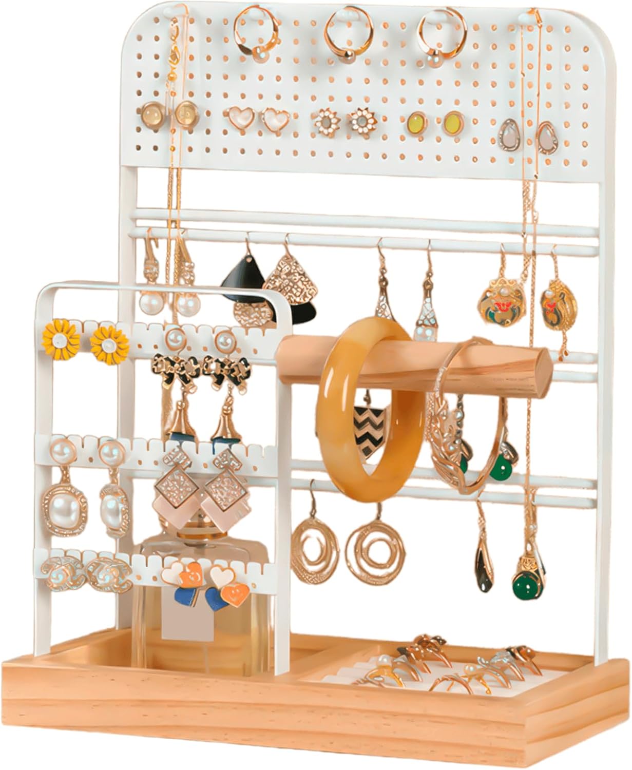 Jasfyee Expositor de Joias – Suporte Branco com Base em Madeira, 5 Zonas Independentes para Colares, Pulseiras, Anéis, Brincos e Acessórios