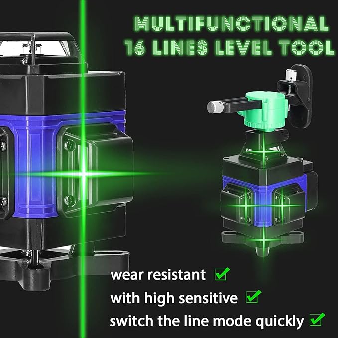 Nível Laser 4D 16 Linhas Verde – Auto Nivelante ±3°, 2 Baterias Recarregáveis