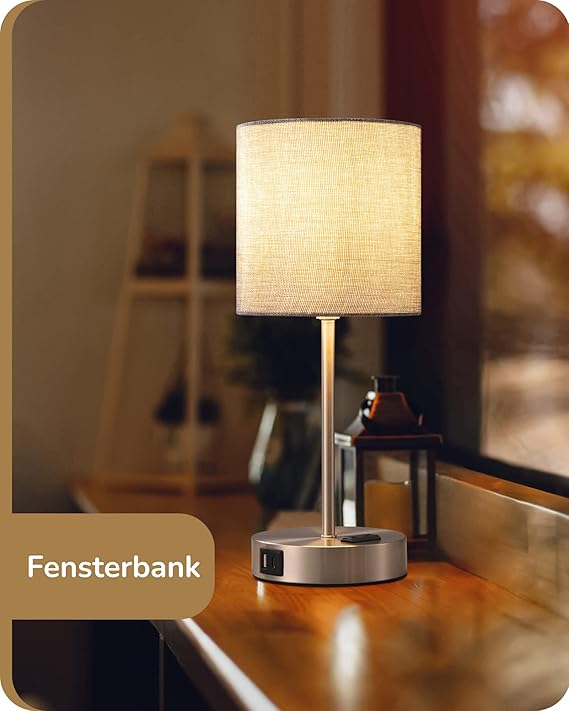 Candeeiro de Mesa EDISHINE LED – Conjunto de 2 Lâmpadas de Cabeceira Táctil com 2 Portas USB e Tomada, Moderno, Cinzento