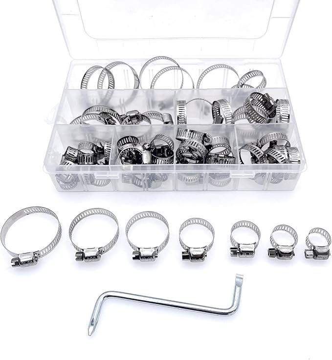 JZK 60 PCS 8-38mm Range Hose Clips Adjustable Stainless Steel Hose Clamps, Worm Gear Clamps Assortment kit for Flexible Garden Hose Home Gas Pipe