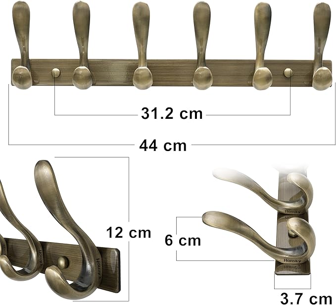 HONSKY Cabide de Parede 44 cm – 6 Ganchos Duplos, Aço Inoxidável, Bronze Antigo