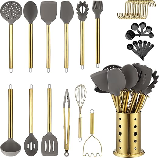Conjunto de Utensílios de Cozinha Dourados Kyraton – 38 Peças em Silicone Antiaderente com Suporte em Aço Inoxidável