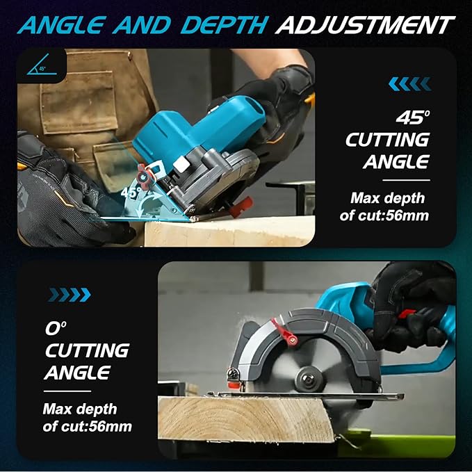 Serra circular manual com bateria, 6 polegadas, sem escova, mini serra circular compatível com bateria Makita de 18 V com 2 lâminas de serra, ecrã digital, ângulo ajustável de 0 a
