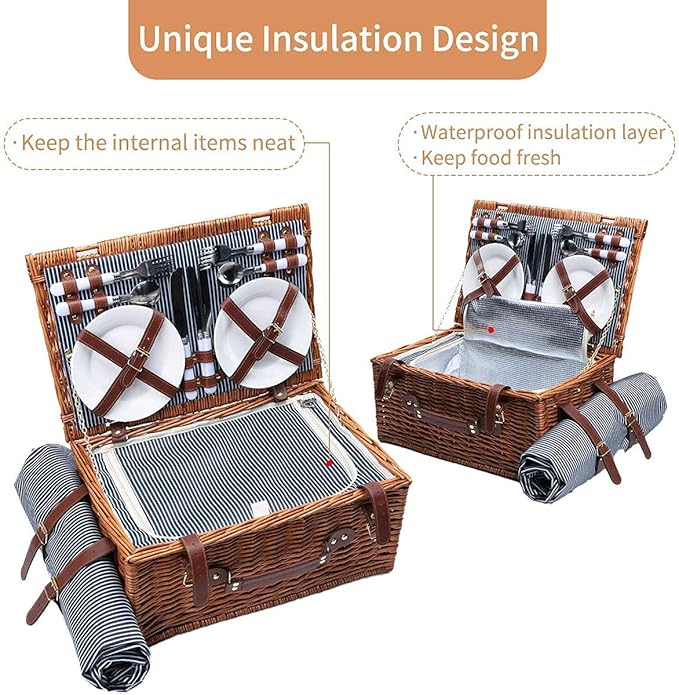 Cesto de Piquenique em Vime para 4 Pessoas NUKied com Louça, Bolsa Térmica e Manta 🧺