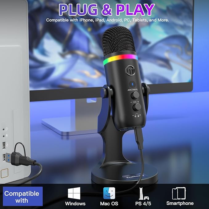 Microfone Gaming RGB ZealSound K66 Pro – USB, iPhone, PS5, Streaming