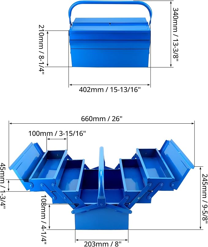 Caixa de Ferramentas Metálica 5 Compartimentos – 400 x 200 x 200 mm