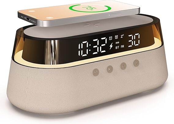Rádio Despertador EZVALO 4 em 1 com Carregador Sem Fios 15W – Bluetooth, Luz Noturna RGB e Rádio FM