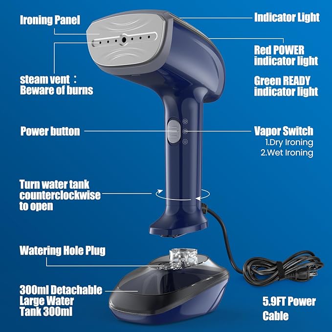 Ferro a Vapor 2-em-1 Steamer de Mão Potente NTAYDZSW 1800W – Azul