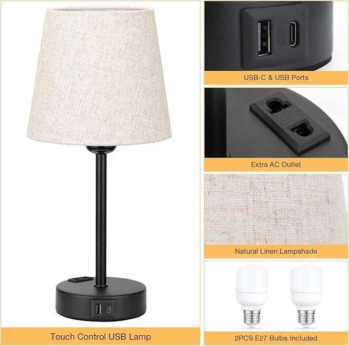 Conjunto de 2 Candeeiros de Mesa de Cabeceira, com Função de Carregamento USB-A + USB-C e Tomadas Abajur em Linho Bege