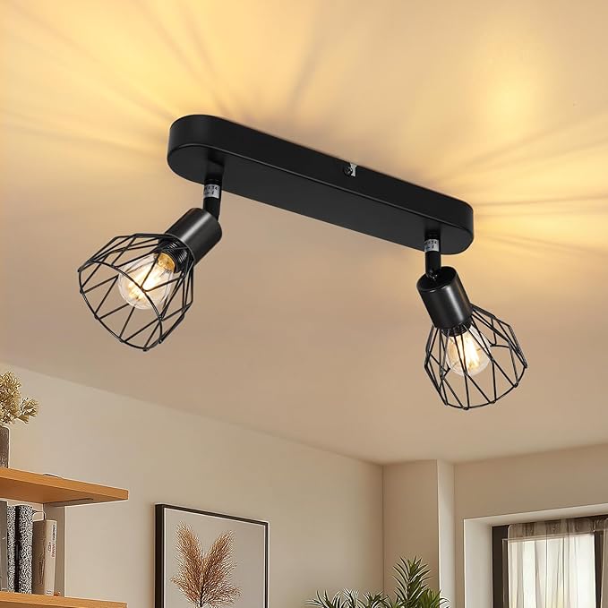 Foco de Teto Duplo Vintage E14 – Preto, Ajustável 350°