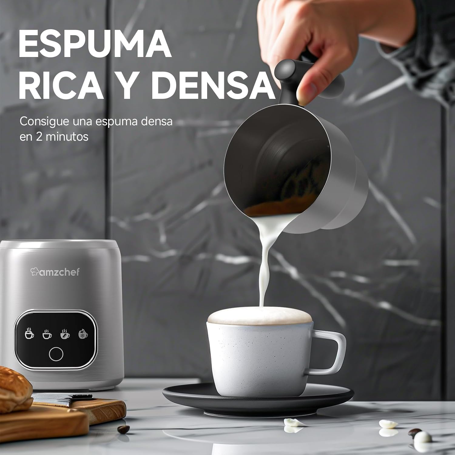 Espumador de Leite Elétrico AMZCHEF com Ecrã Tátil LED – Aço Inoxidável, Aquecimento por Indução 3D, Ideal para Chocolate Quente, Latte, Cappuccino e Mocha
