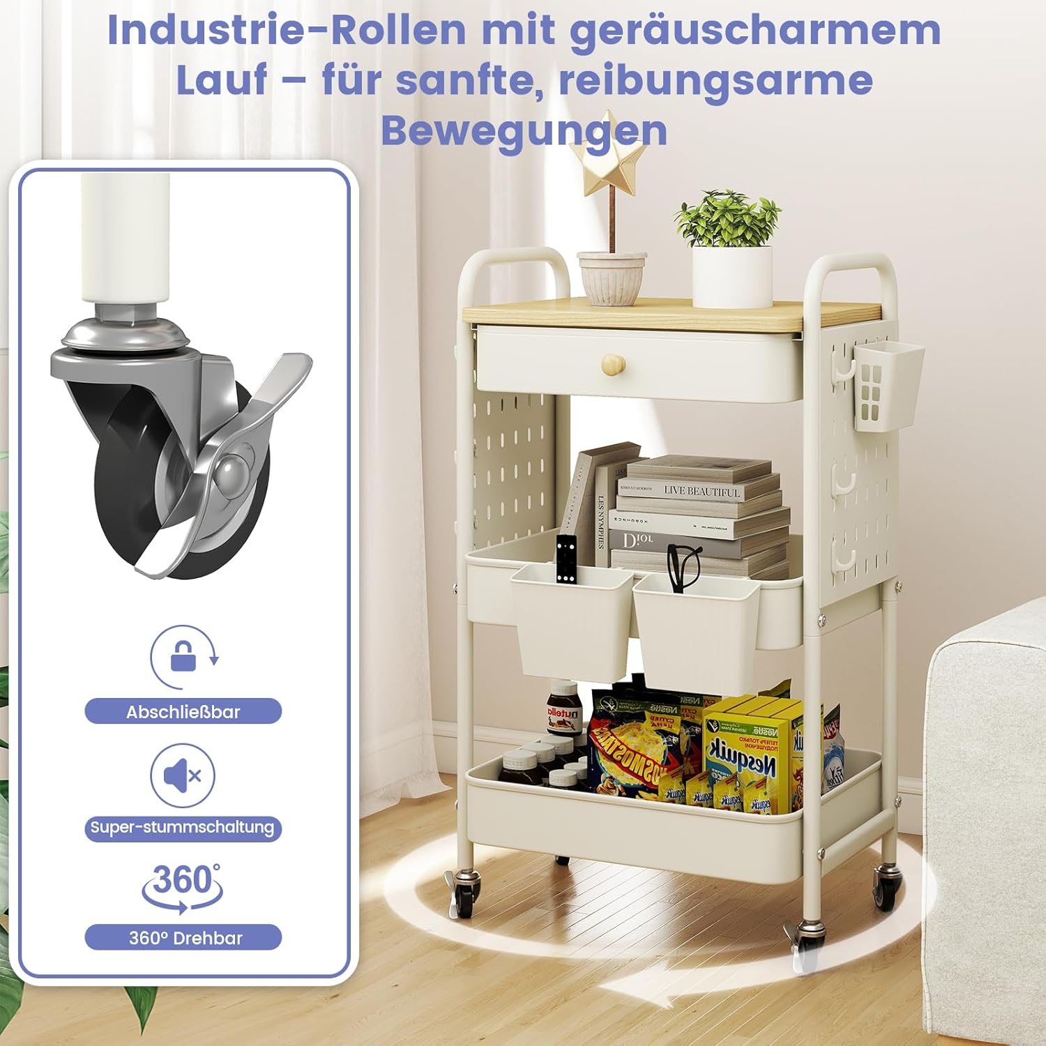 danpinera Carrinho com Rodas de 3 Níveis – Com Gavetas, Painéis Perfurados, Ganchos e Copos Suspensos – Metal – Branco