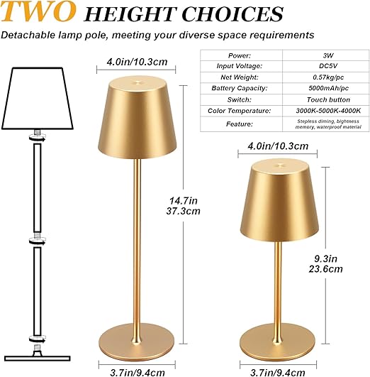 Conjunto de 2 Candeeiros de Mesa Sem Fios PreeOtti – LED Regulável, Toque, 3 Temperaturas de Cor, USB-C, Dourado