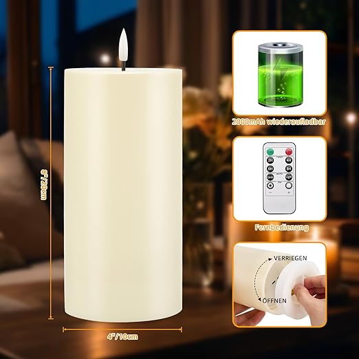 Conjunto 2 Velas LED Sem Chama 10×20 cm – Impermeáveis, Recarregáveis, Com Temporizador e Comando