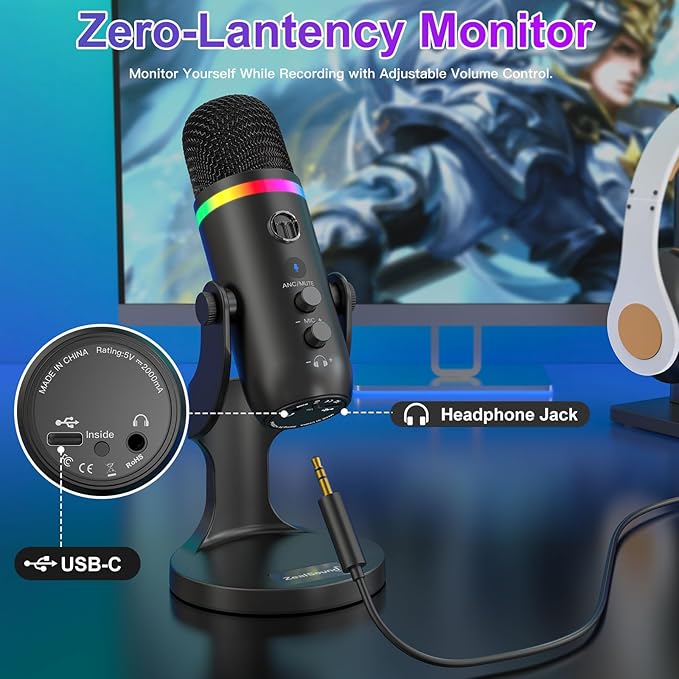 Microfone Gaming RGB ZealSound K66 Pro – USB, iPhone, PS5, Streaming