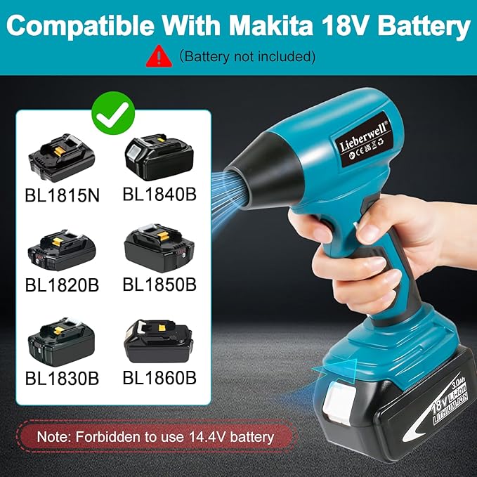 Soprador Elétrico Sem Fios Lieberwell 18V – 160.000RPM com 5 Bicos (Bateria não incluída)