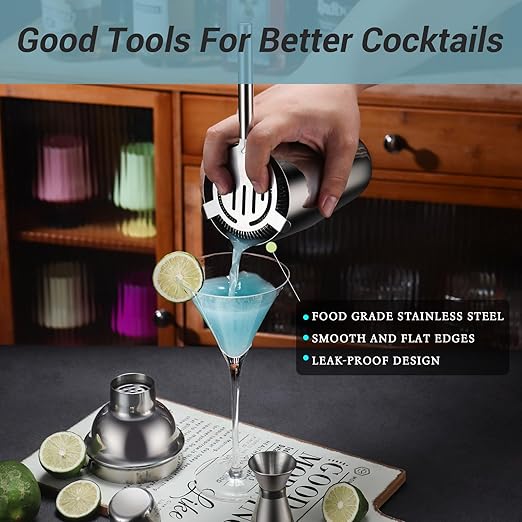 Kit de Cocktail 12 Peças - Prateado - Base em Bambu
