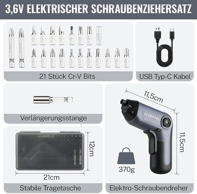 WORKPRO Aparafusadora Sem Fios 3.6V — Kit Completo com 21 Pontas, Extensor e Caixa de Arrumação