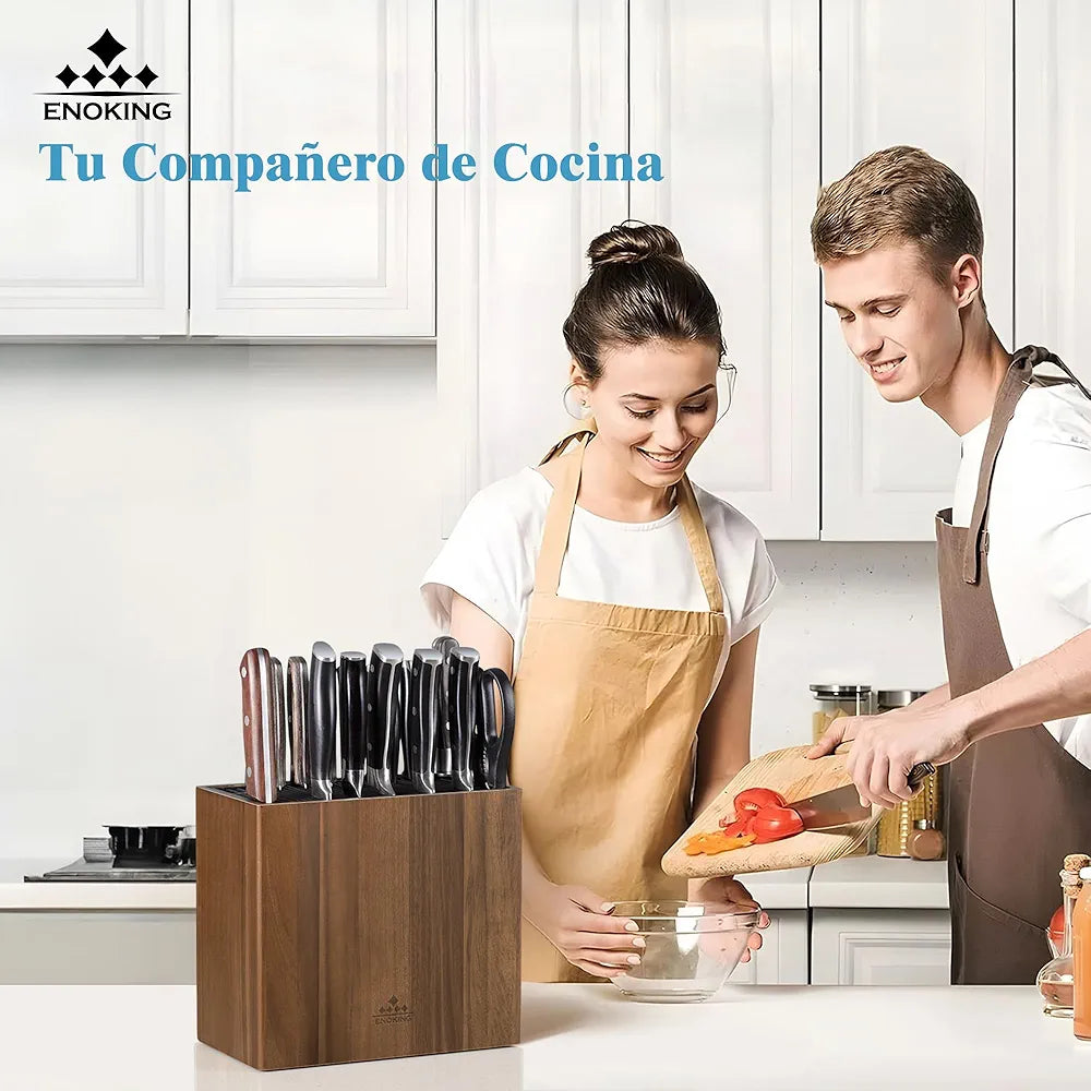 ENOKING Suporte facas de cozinha de madeira de acácia, suporte de facas de cozinha universal com tampa de plástico, suporte facas para facas e tesouras/haste de afiar