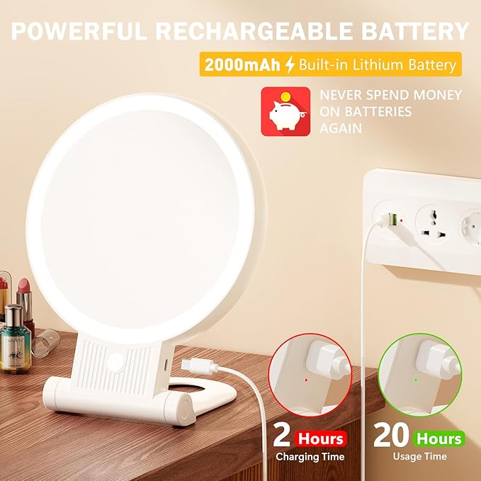 Espelho de Maquilhagem Auxmir com Luz LED – 20X/1X, Recarregável e Dobrável