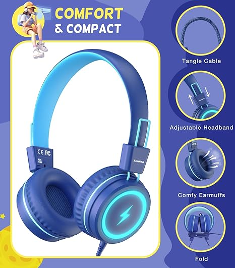 Auscultadores Infantis USB-C com LED e Microfone – Azul