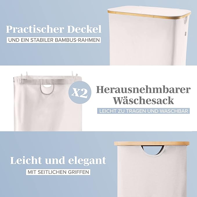Cesto de Roupa LONBET 150 L com Tampa e 2 Compartimentos – Bambu Dobrável, Bege