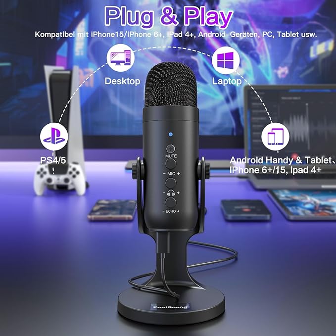 Microfone Condensador USB-C ZealSound K66 para Streaming e Podcast