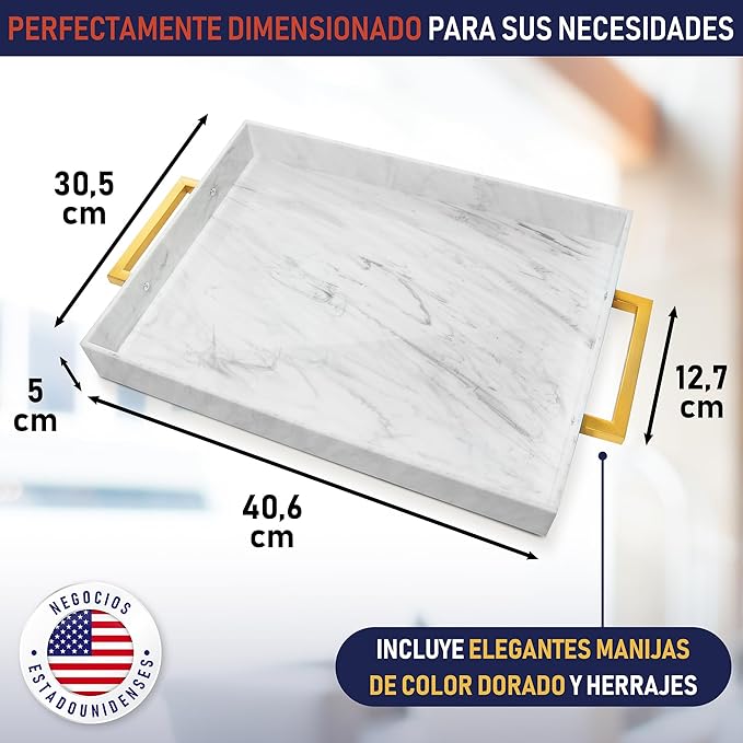 Bandeja Decorativa em Acrílico  com Pegas Douradas (Efeito Mármore)