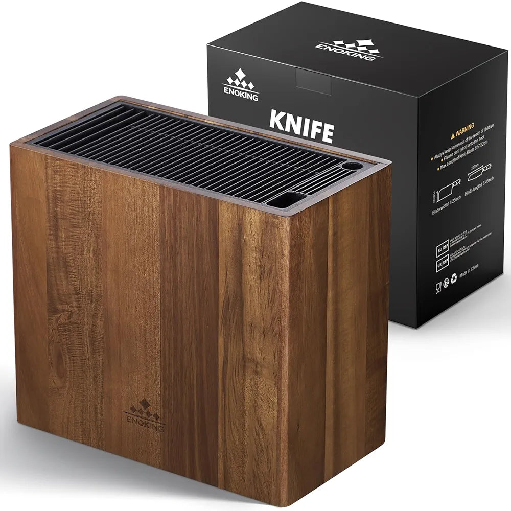 ENOKING Suporte facas de cozinha de madeira de acácia, suporte de facas de cozinha universal com tampa de plástico, suporte facas para facas e tesouras/haste de afiar