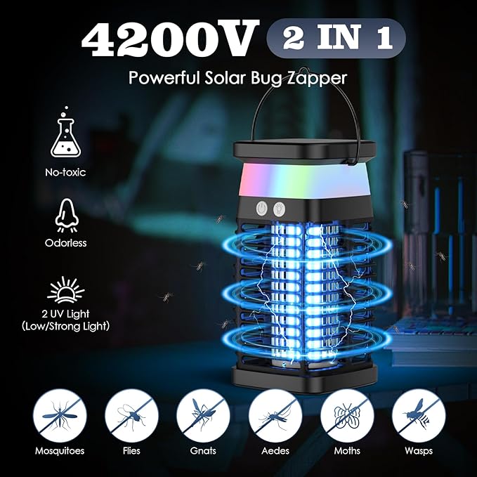 Mata-Mosquitos Solar 4200V com LED e USB-C - Bateria 4000mAh